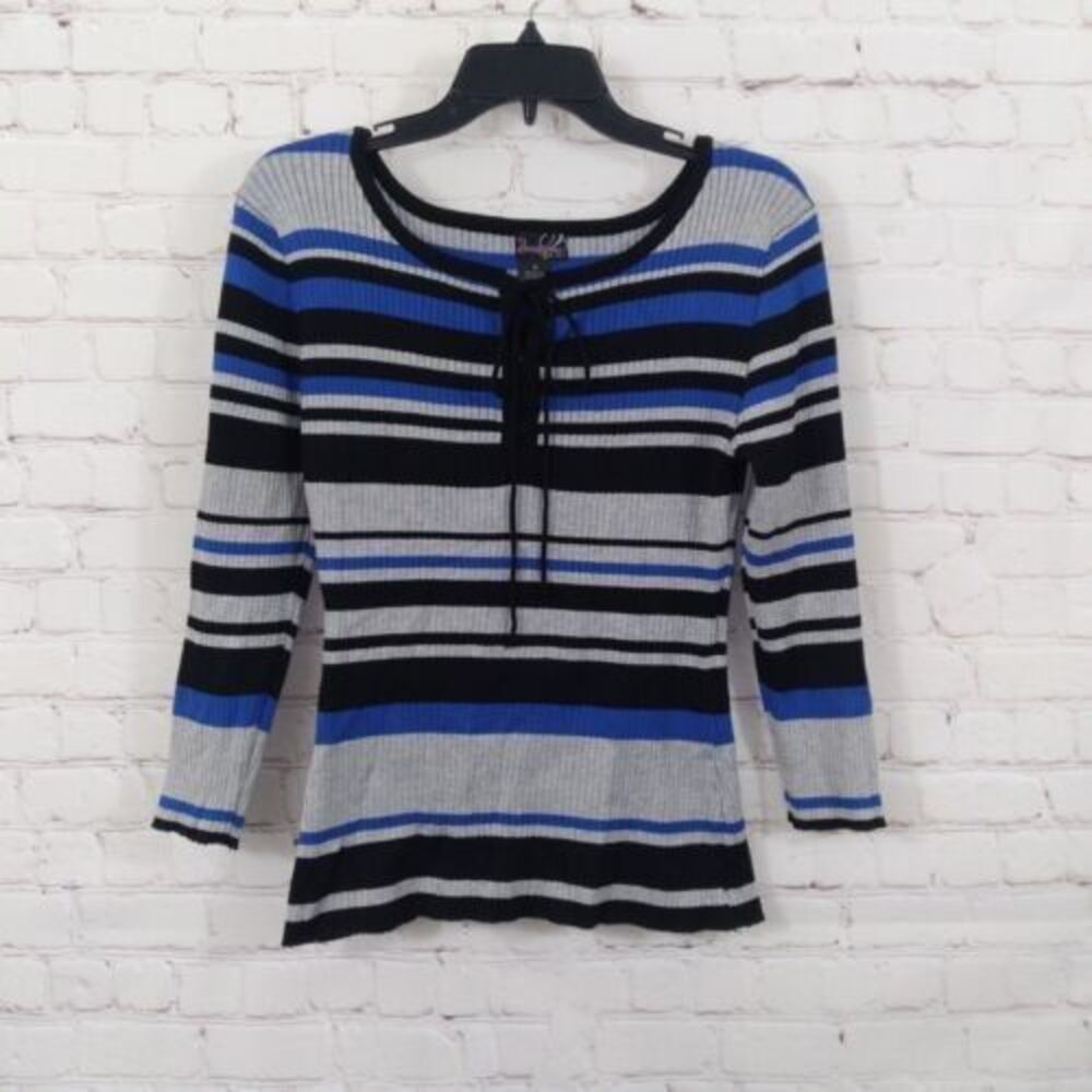 Questions Say What Sweater Women Medium Blue Gray Striped 3/4 Sleeve Lace Up Y2K